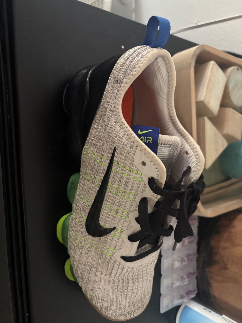 Nike Kids Gray Flyknit Sneakers with Black Swoosh and Green Air Pods
